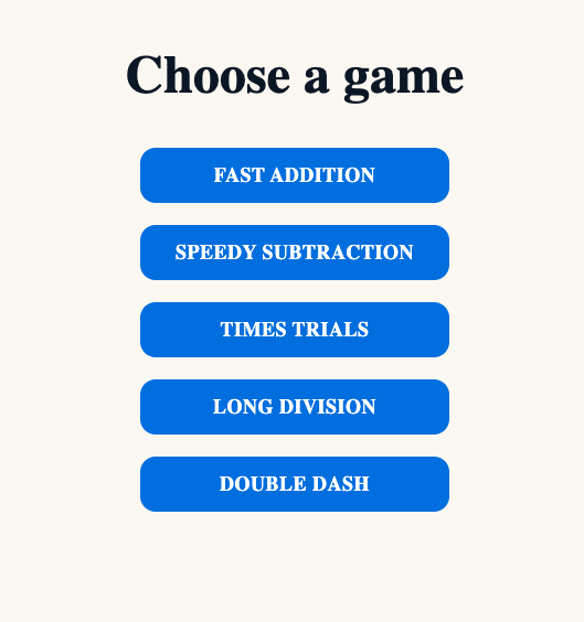 Early game select screen with plain blue buttons for each math mode