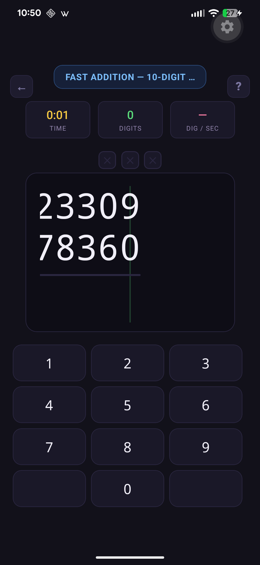 A near-final dark-themed screen showing time, digit count, and digits-per-second stats above the problem and number pad