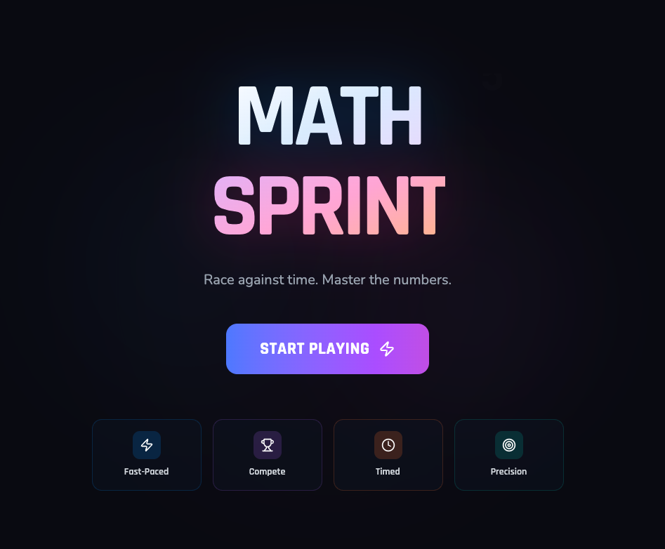 A slick, neon-gradient “Math Sprint” title screen concept with a glowing start button